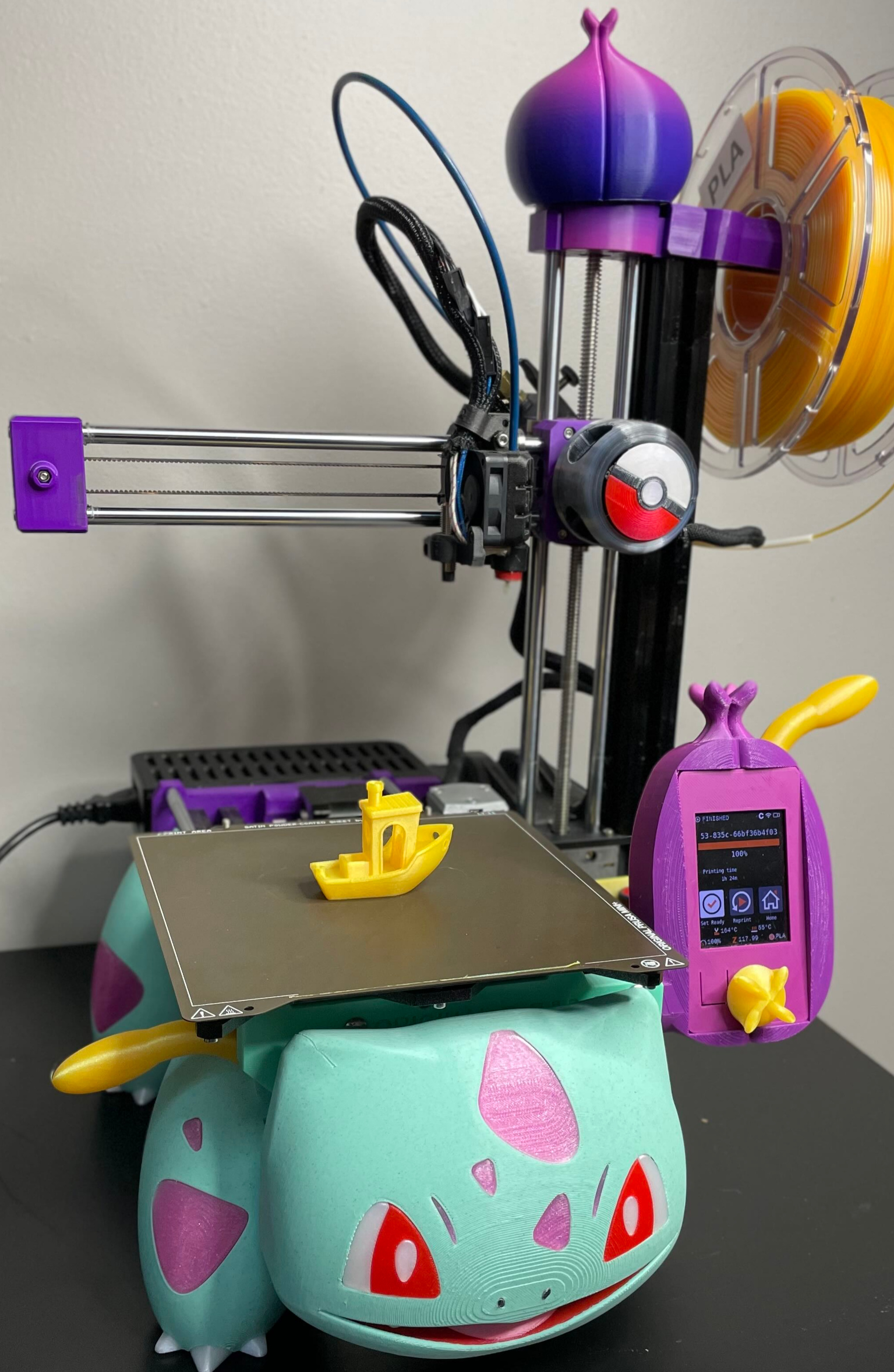 Image of Bulbasaur Prusa Mini Mod Color Scheme Filament List-
"Green" Base - Mint Chip PLA
"Spots" and "Tongue" - Pink Star Stuff PLA
"Eye Color", "Pokeball" and "Mouth" - Ruby Red Elixir PLA
"Eye white/pupil", "toes" and "Pokeball" - Moonstone
"Tentacles", knob, and filament - Solar Flare PLA
"Pod" screen pad, "Bulb" and filament holder - sunset PLA
Axis cover, "Pokeball" middle, and "nostrils" - Dual Silk Granite PLA