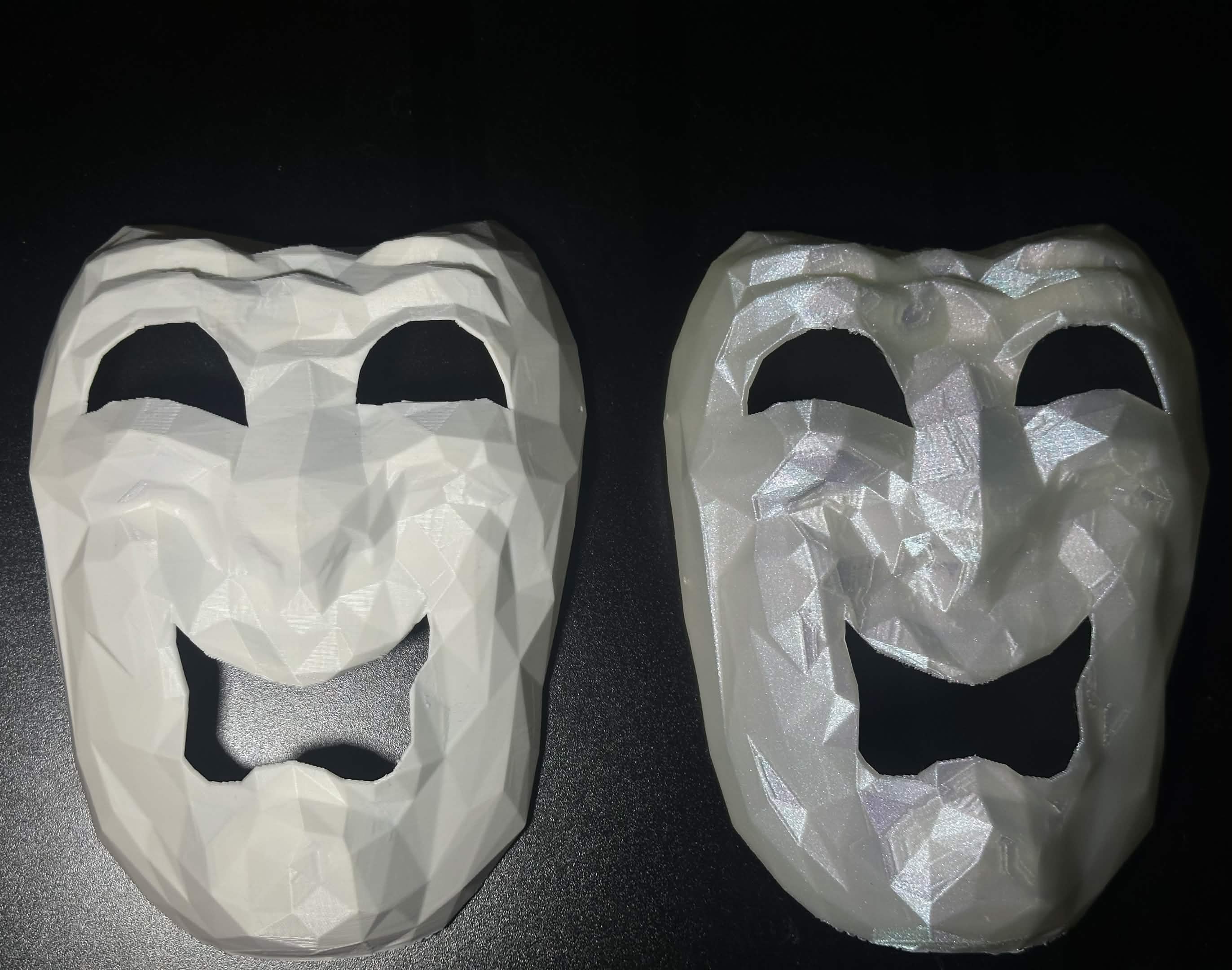 I decided to print the Comedy Mask prop from Lethal Company. The mask on the left is normal white PLA, and the mask on the right is the Moonstone PLA from CookieCad. Needless to say it turned out perfectly! Would highly recommend this product to creators that want a little more flare or uniqueness to their props.