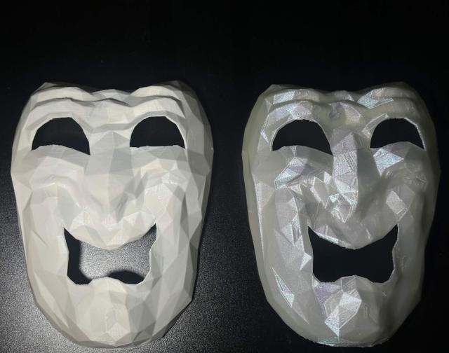 I decided to print the Comedy Mask prop from Lethal Company. The mask on the left is normal white PLA, and the mask on the right is the Moonstone PLA from CookieCad. Needless to say it turned out perfectly! Would highly recommend this product to creators that want a little more flare or uniqueness to their props.